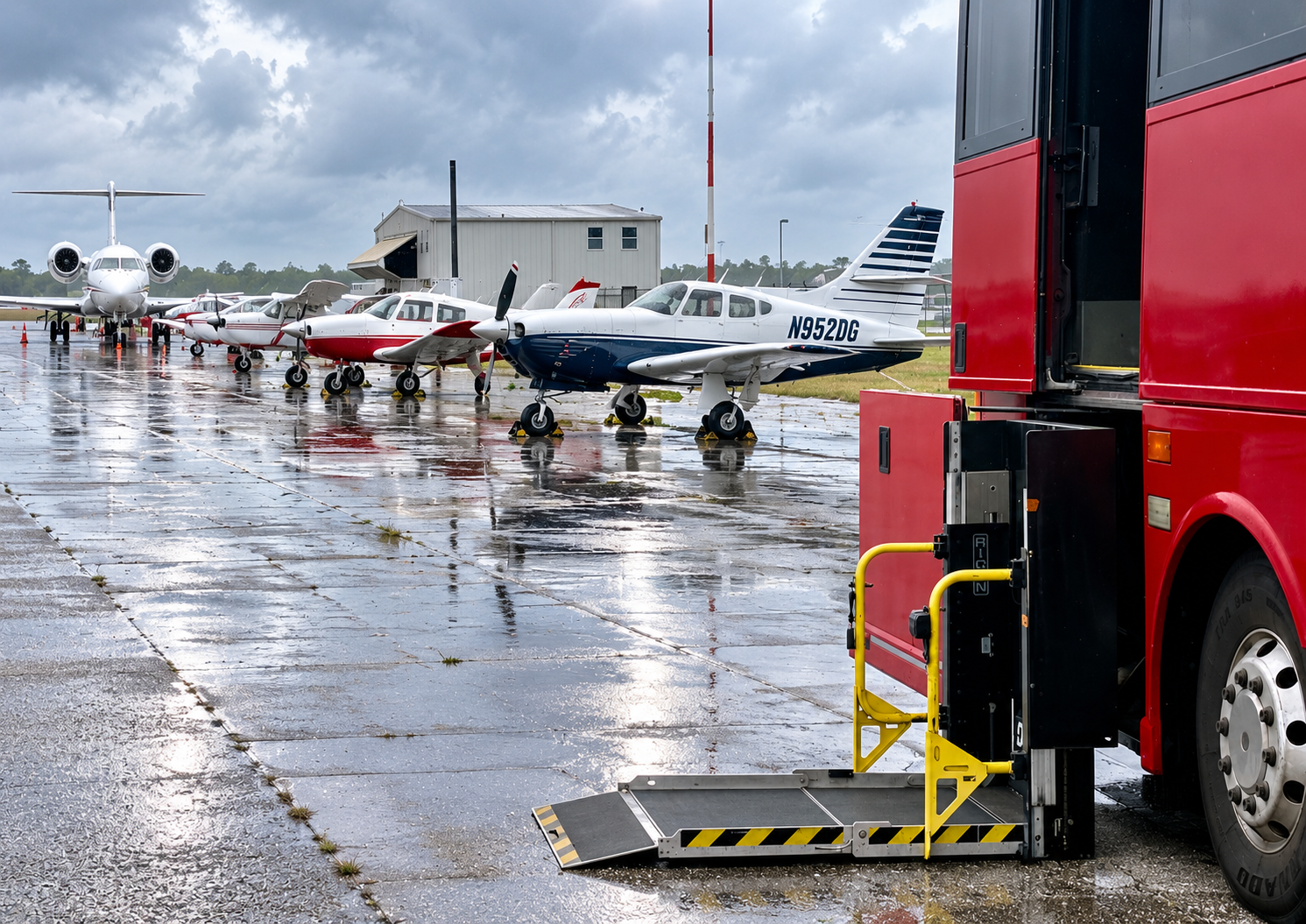 Welcome Transportation bus with wheelchair lift extended on a private airport tarmac