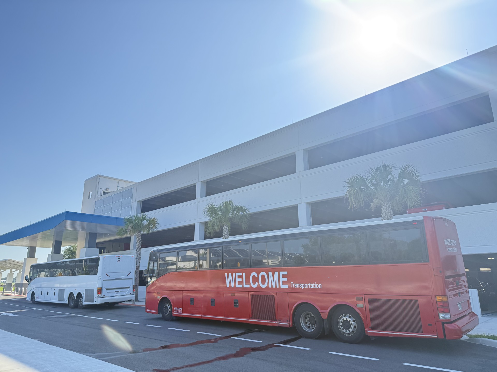 Welcome Transportation coach ready for a daytime wedding pickup