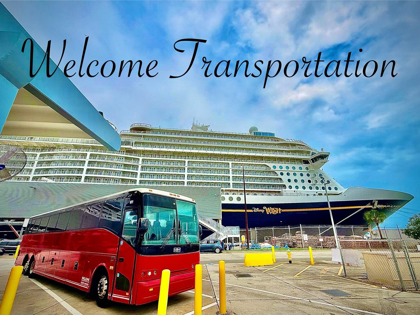 Welcome Transportation bus at the cruise port next to the Disney Wish
