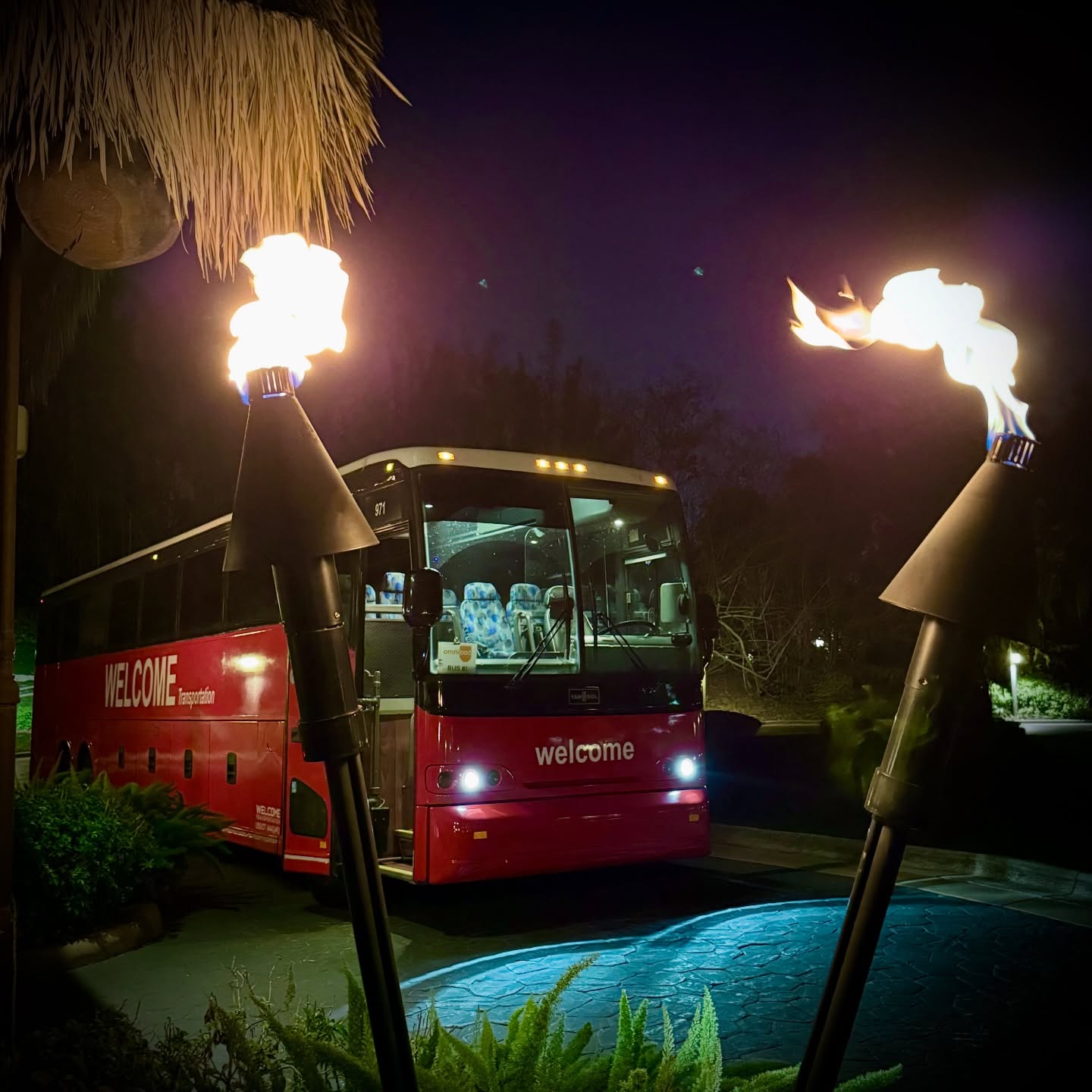 Welcome Transportation bus arriving at a resort entrance at night, framed by tiki torches