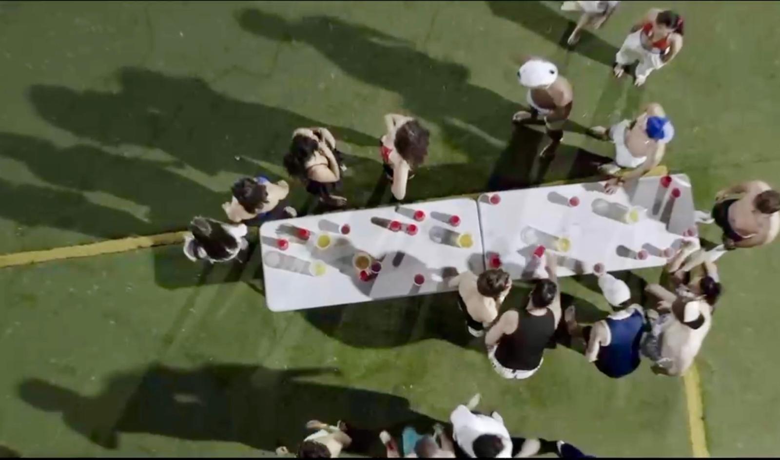 Aerial view of a beer pong table at a Happy Tuesdays stop