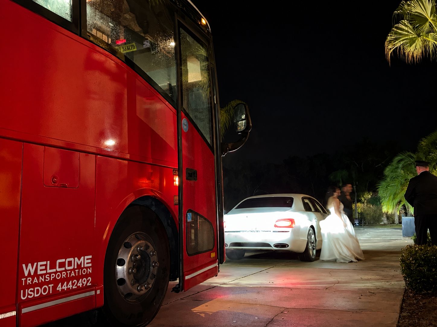 A charter bus staged for wedding guest transportation